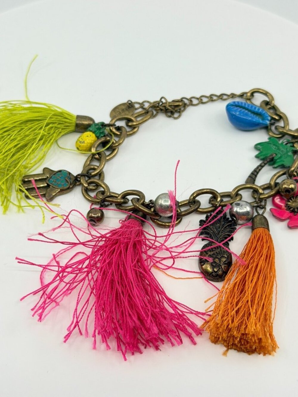 Vintage Claire’s Tropical Charm Bracelet Neon Tassel Pineapple Palm Tree Layered